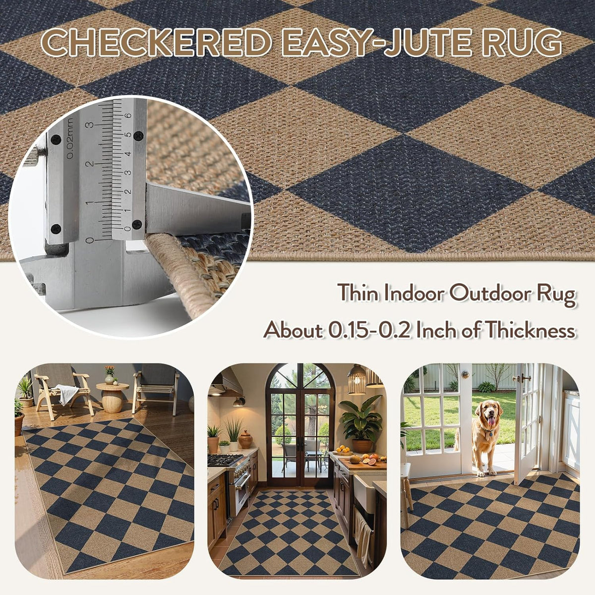 Lahome Checkered Easy Jute Entryway Rug, 3x5 Washable Area Rugs for Living Room Outdoor Patio, Non