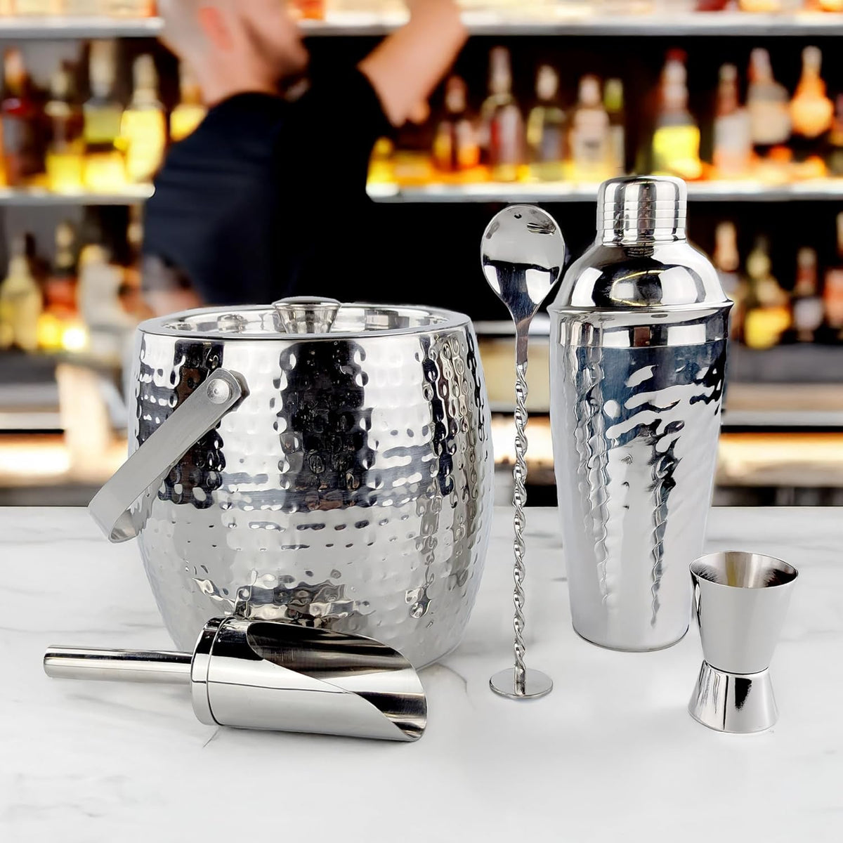 BREKX Insulated Ice Bucket for Cocktail Bar with Drink Shaker 5-Piece Cocktail Set for Parties with