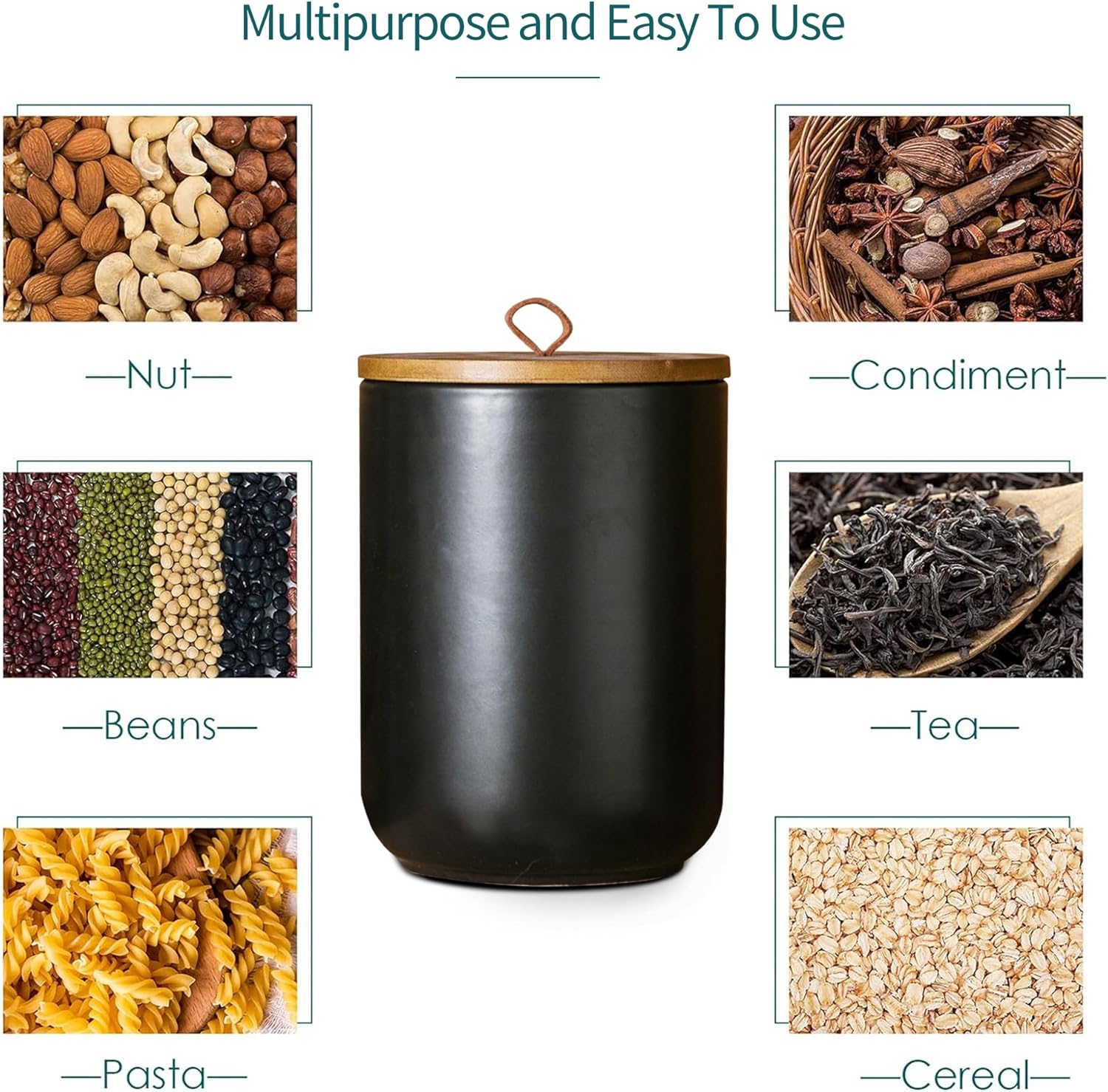 Black Canister Sets for Kitchen, 3pcs Ceramic Canisters with Airtight Wooden Lid, Food Storage Jar