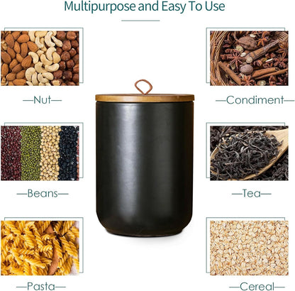 Black Canister Sets for Kitchen, 3pcs Ceramic Canisters with Airtight Wooden Lid, Food Storage Jar