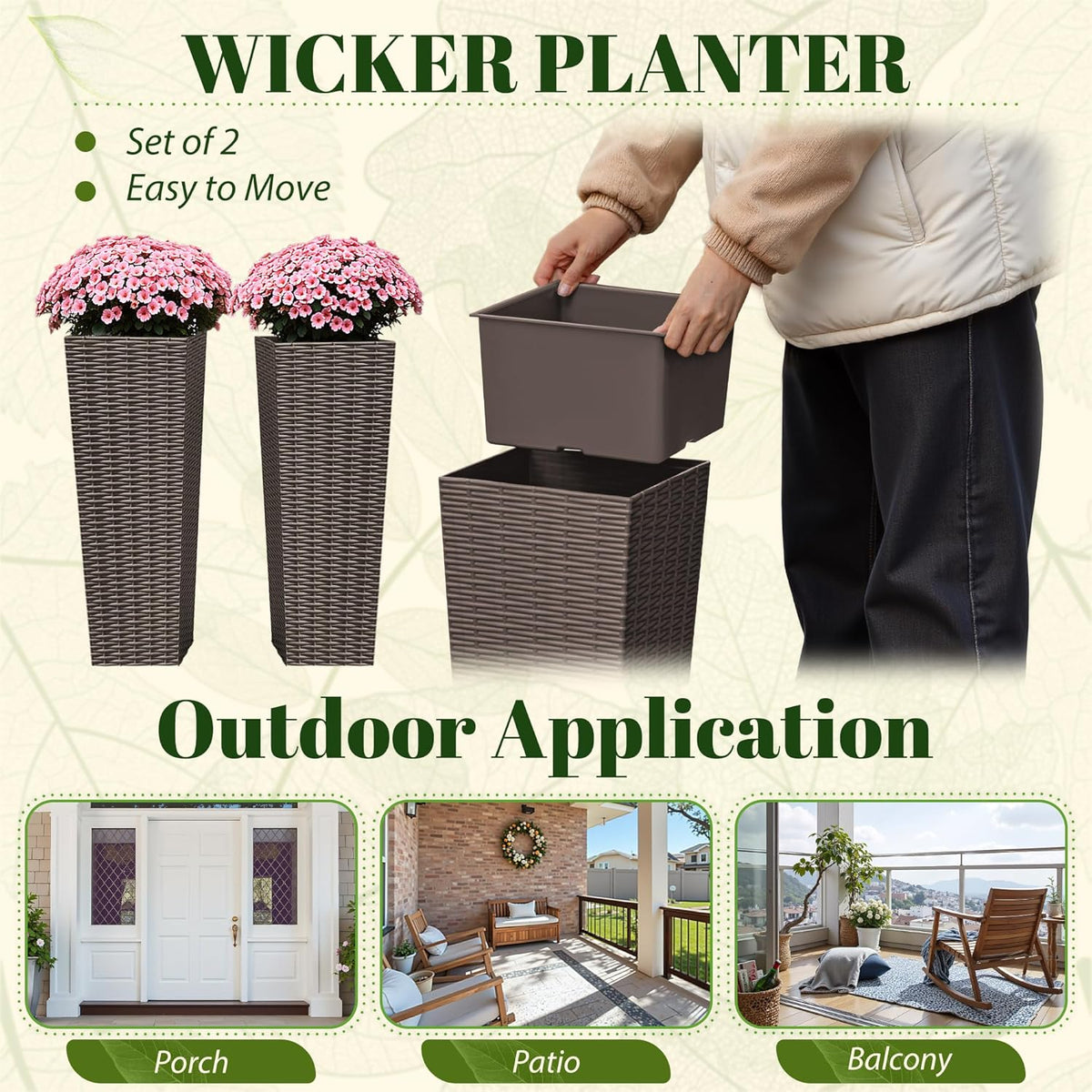 JUMMICO Set of 2 Resin Rattan Tall Planters for Outdoor Plants, Large Tapered Planters with