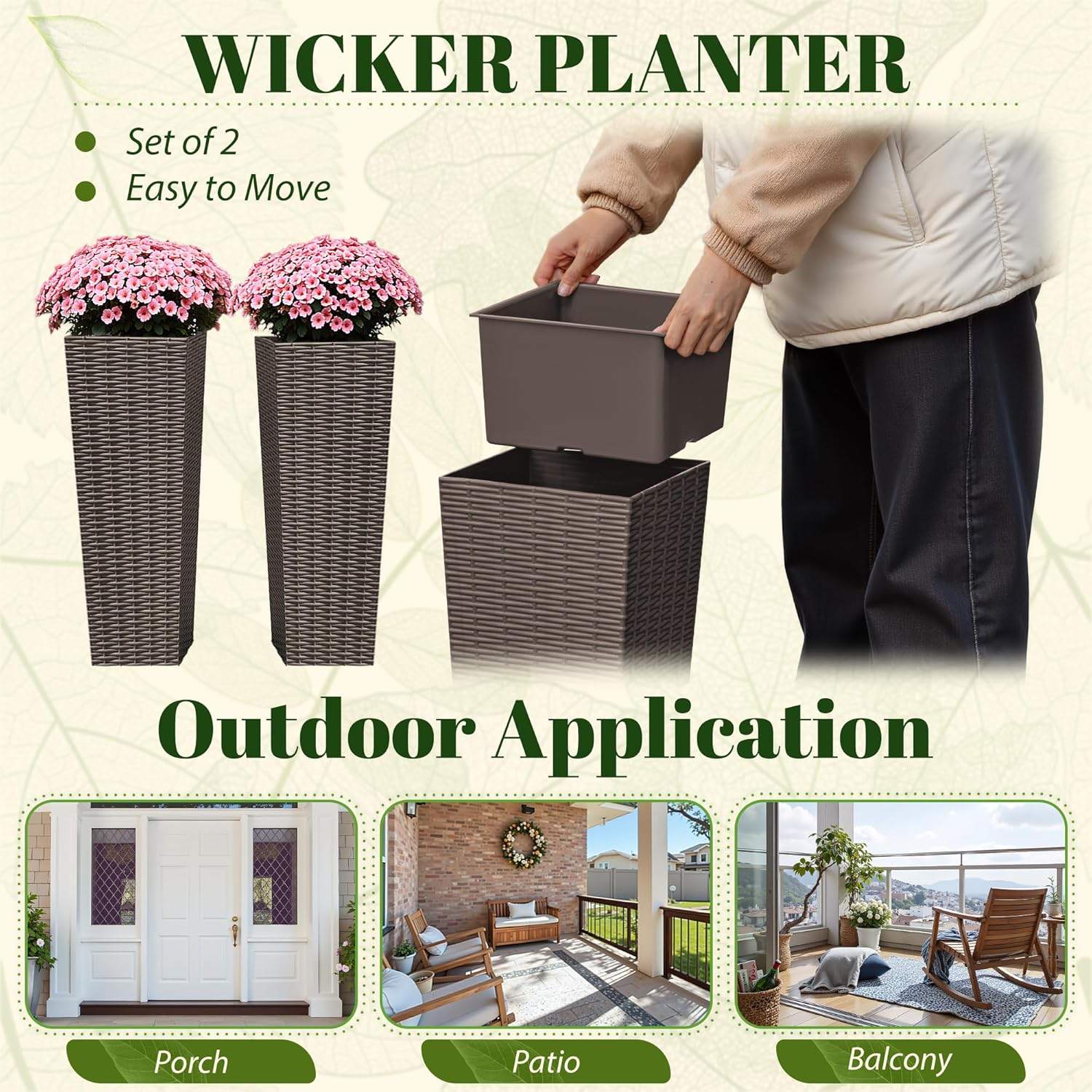 JUMMICO Set of 2 Resin Rattan Tall Planters for Outdoor Plants, Large Tapered Planters with