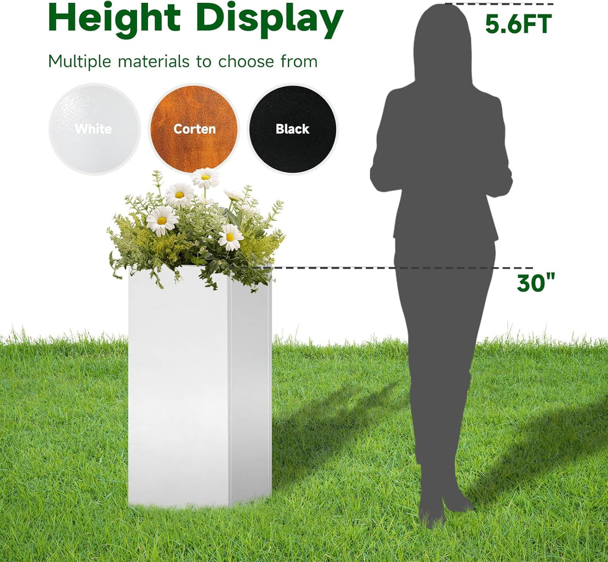 White Steel Metallic Heavy Planter for Outdoor Plants Box 14"x14"x30" Metal Planter Spliced Flower