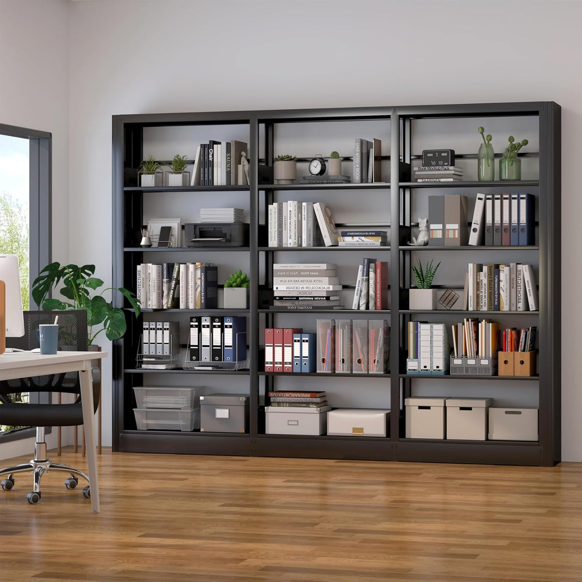 5-Tier Industrial Bookshelf, Black Bookcases and Bookshelves,Tall Metal Book Shelf Storage