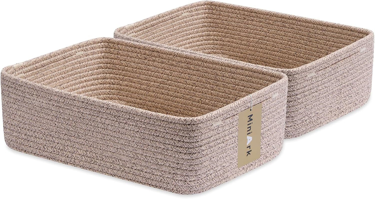Large Shallow Organizing Baskets 15x11x5.1 Inches - Rope Woven Storage Bins for Bathroom, Shelves