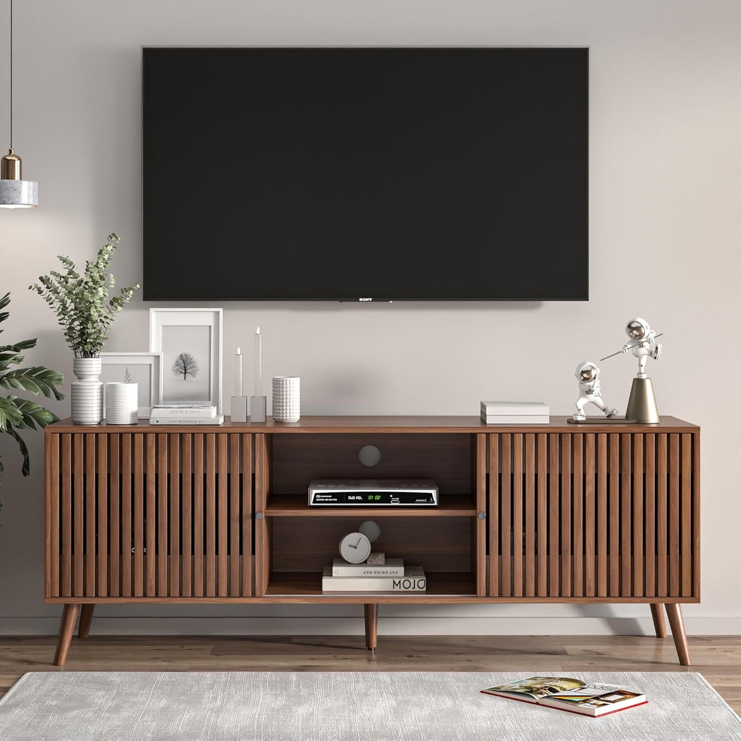 Mid Century Modern TV Stand for Televisions up to 70 Inches, with Sliding Doors and Storage