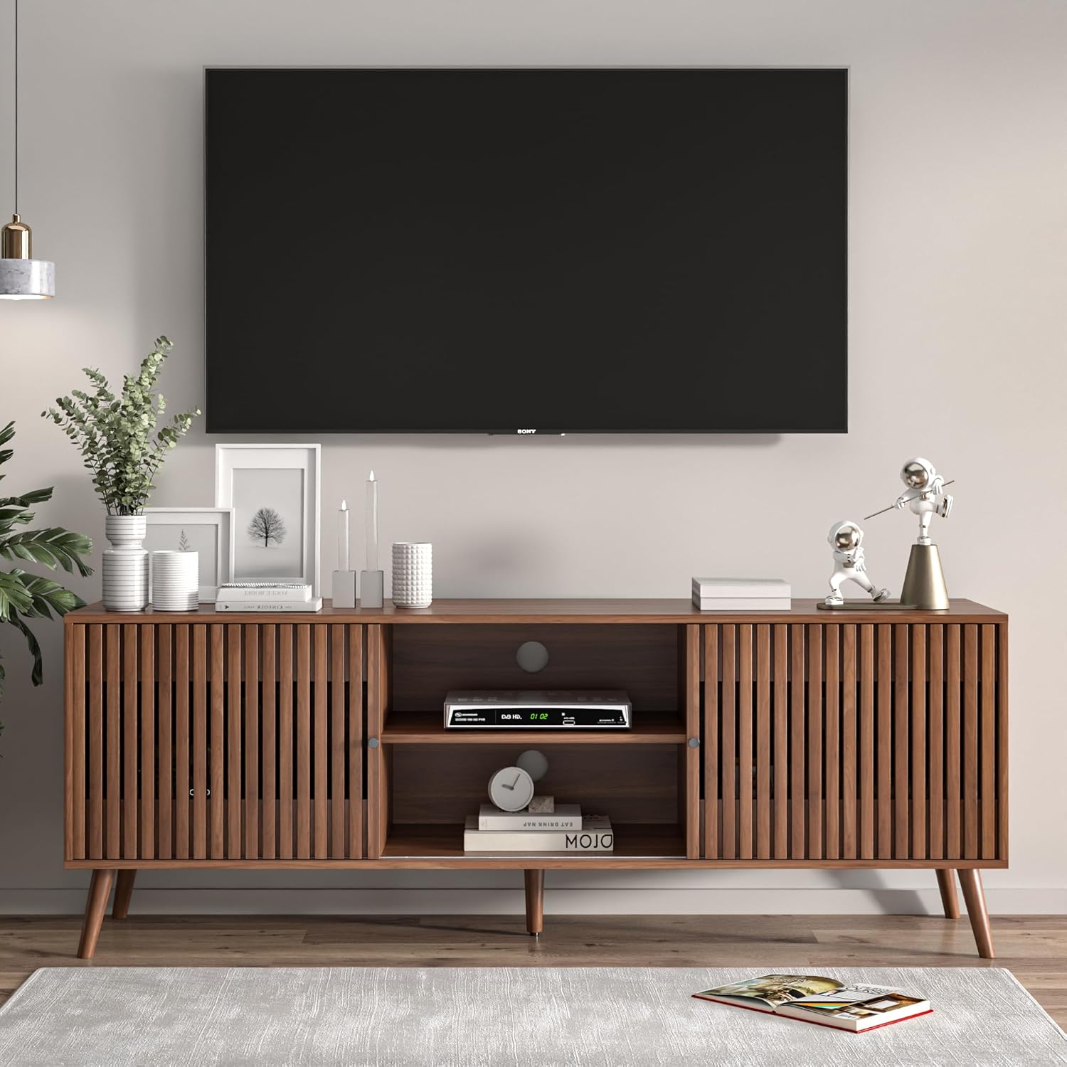 Mid Century Modern TV Stand for Televisions up to 70 Inches, with Sliding Doors and Storage