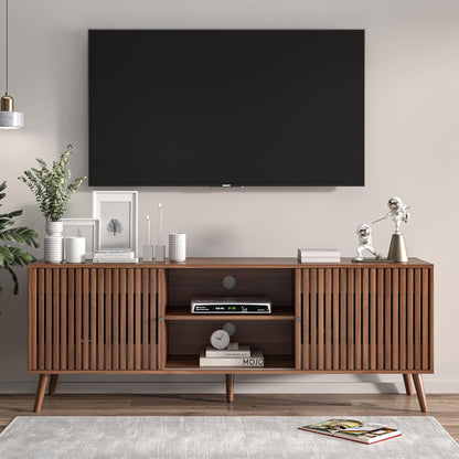 Mid Century Modern TV Stand for Televisions up to 70 Inches, with Sliding Doors and Storage