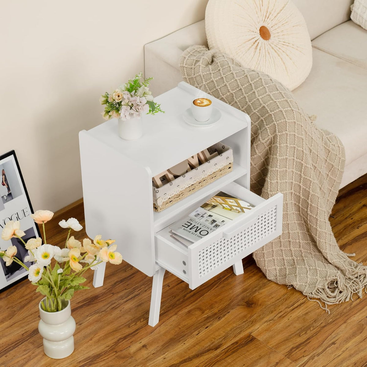 Lerliuo Rattan Nightstand, Side Table with Drawer Open Shelf, Cane Accent Bedside End Table with
