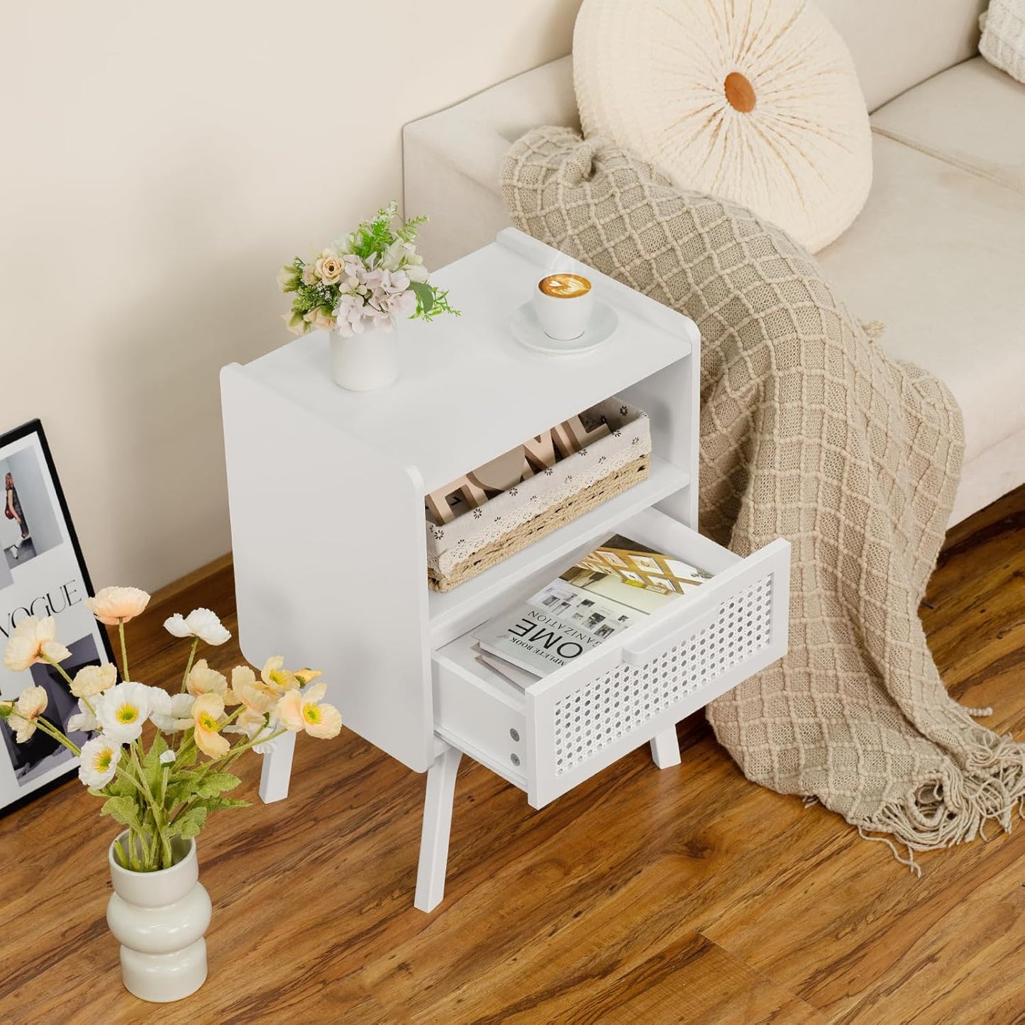 Lerliuo Rattan Nightstands Set of 2, Side Table with Drawer Open Shelf, Cane Accent Bedside End
