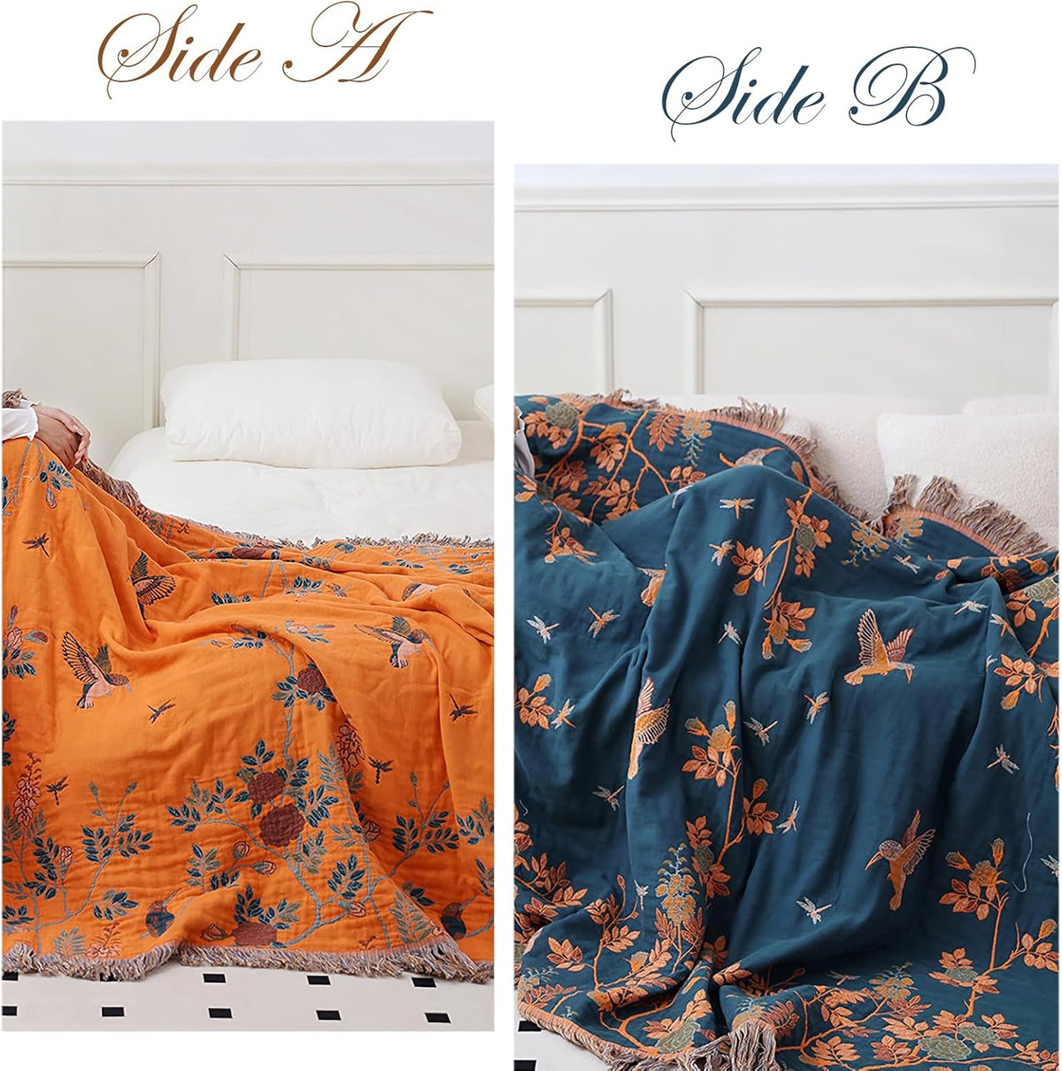 Snycler Boho Throw Blanket for Bed, 100% Organic Cotton Muslin Soft Throw-Floral Bird Farmhouse