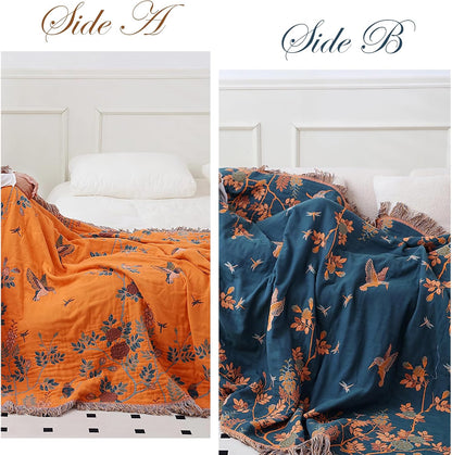 Snycler Boho Throw Blanket for Bed, 100% Organic Cotton Muslin Soft Throw-Floral Bird Farmhouse