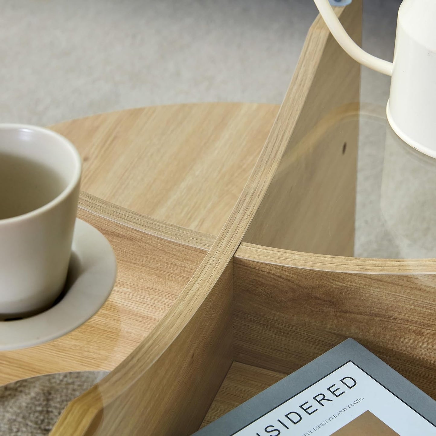 31.5" Round Glass Coffee Table with Tempered Glass Top and MDF Base, Diagonal Fan-Shaped Tray
