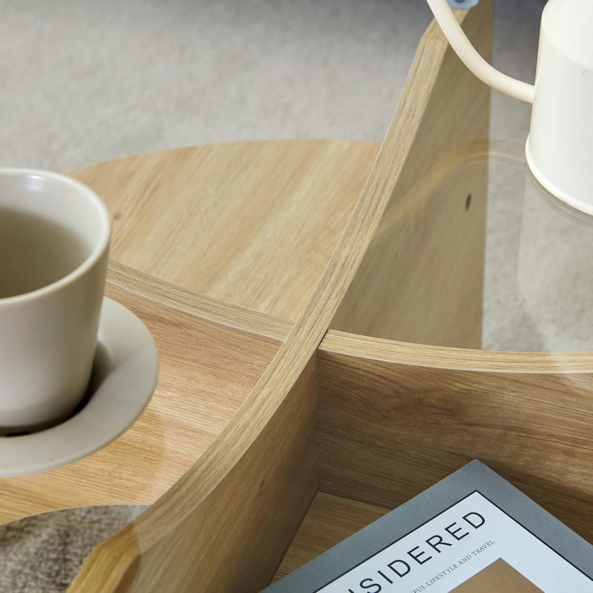 31.5" Round Glass Coffee Table with Tempered Glass Top and MDF Base, Diagonal Fan-Shaped Tray