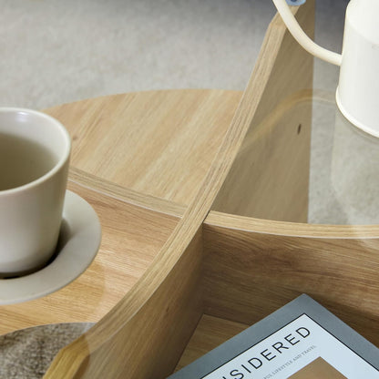 31.5" Round Glass Coffee Table with Tempered Glass Top and MDF Base, Diagonal Fan-Shaped Tray