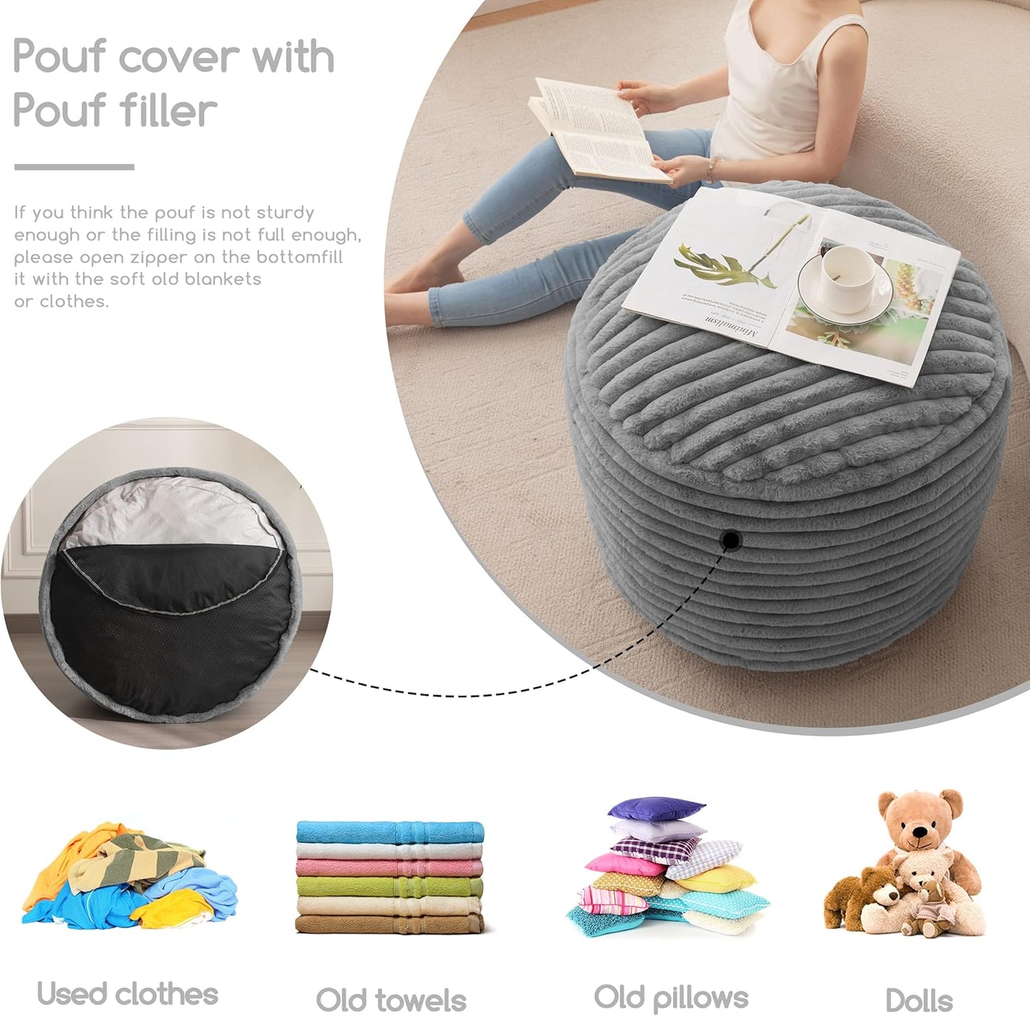 HIGOGOGO Round Stuffed Pouf Ottoman, Stripe Faux Fur Poufs with Foam Chunk Filling, Furry and