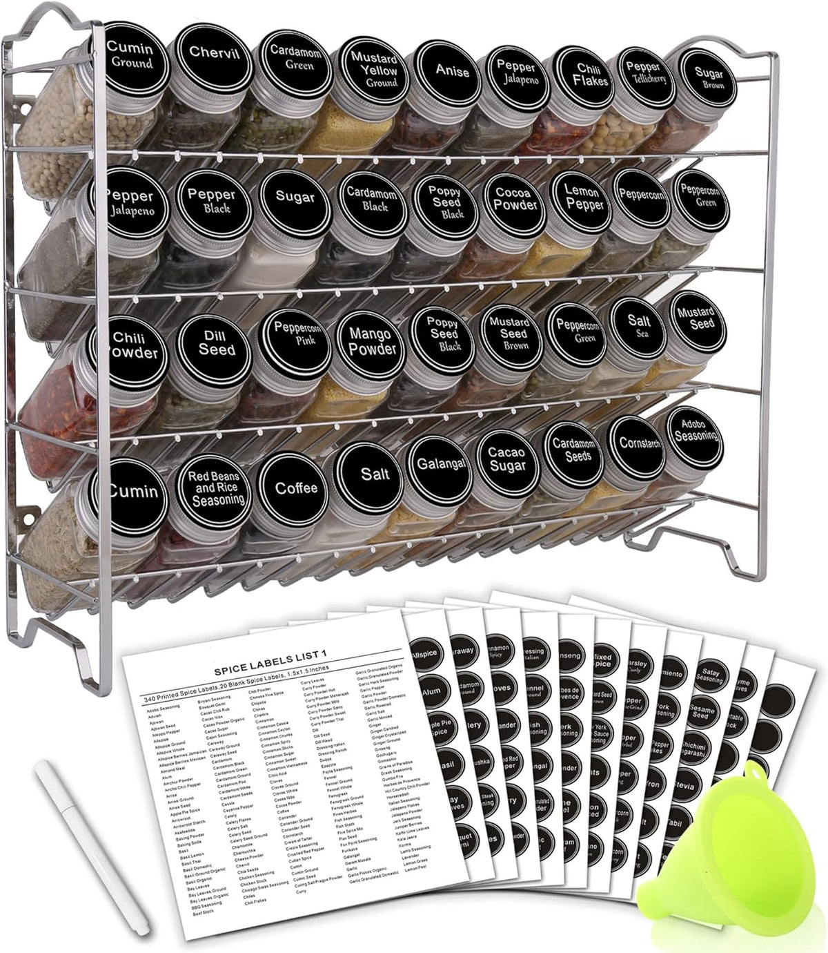 SWOMMOLY Spice Rack Organizer with 36 Empty Square Spice Jars, 396 Spice Labels with Chalk Marker