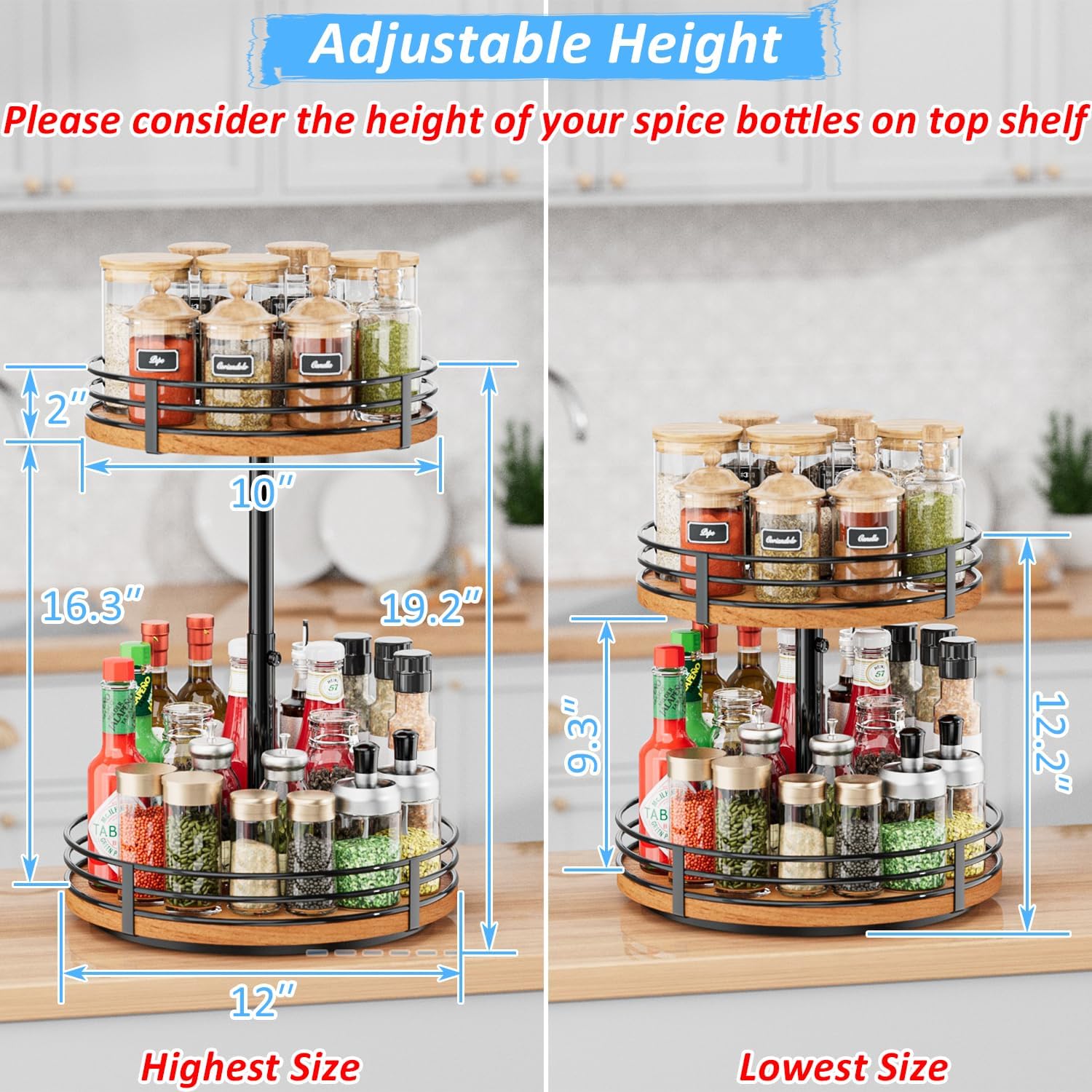Lazy Susan Turntable Organizer Adjustable - 2 Tier Wood Rotating Spice Rack 12 Inch Lazy Susan for