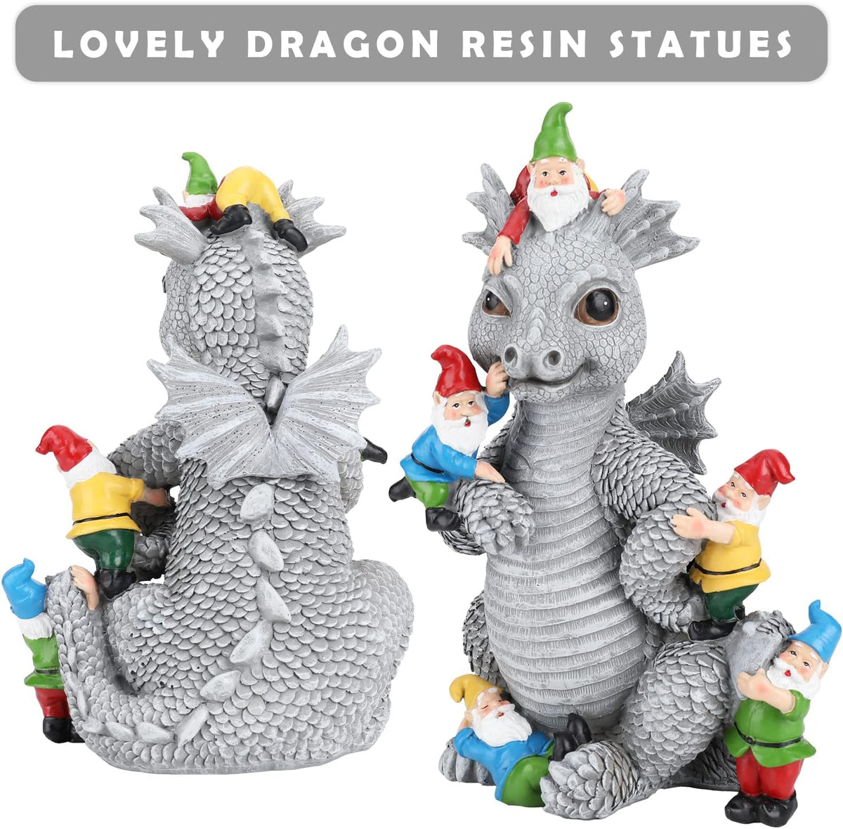 Dragon Gnome Statues Outdoor Decor, 13” Dinosaur Play with Gnomes Garden Statue, Outdoor Statue for