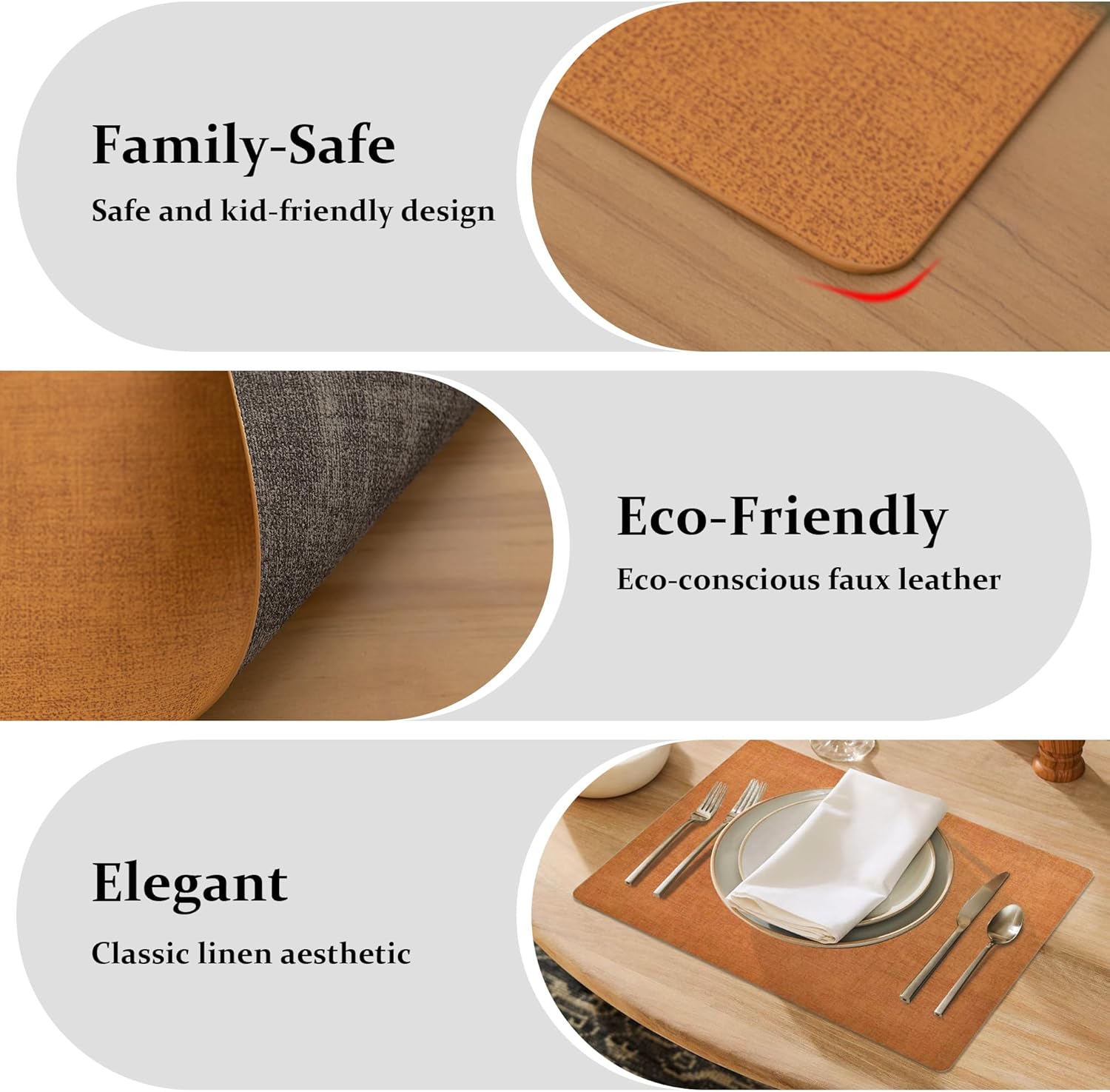 FROMHEART Faux Leather Placemats Set of 8–Waterproof,Heat/Oil Stain-Resistant PU Table