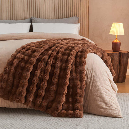 Lotus Karen Faux Fur Throw Blanket Dark Coffee - Big Bubble Rabbit Fluff Blanket for Couch Bed