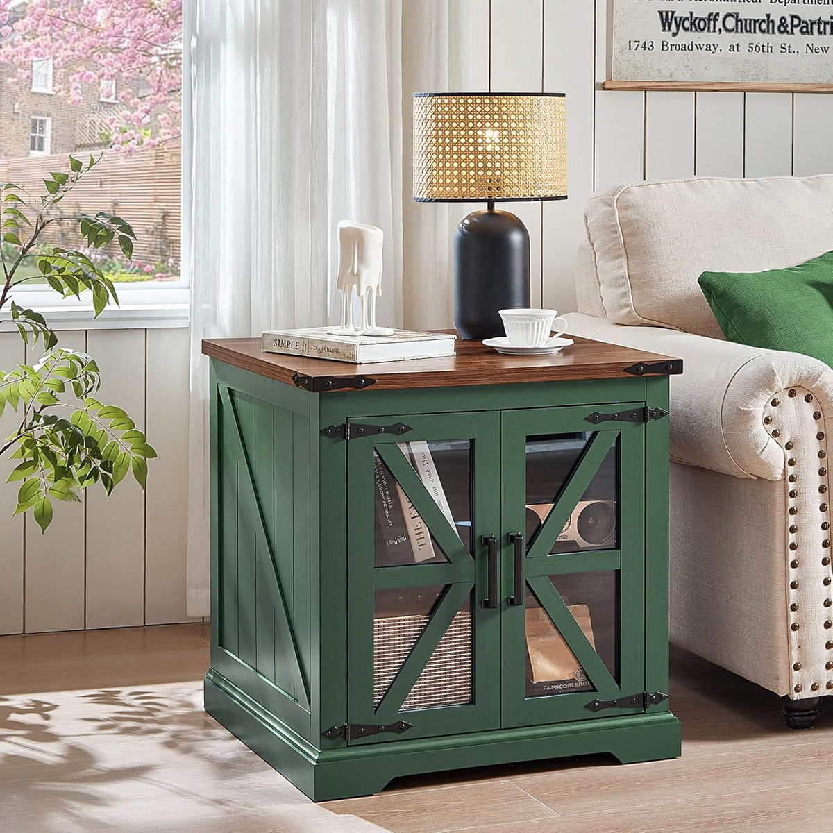 24" End Table with Charging Station, Farmhouse Night Stand with Glass Barn Door, Green Nightstands