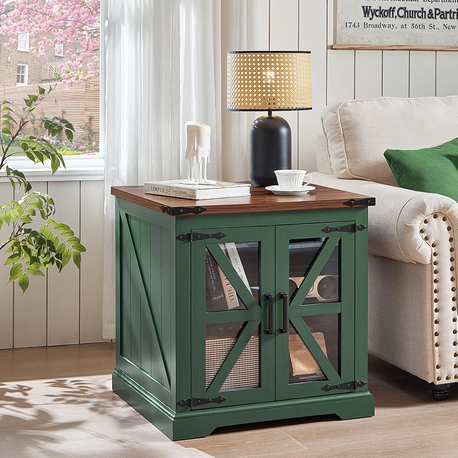 24" End Table Set of 2 with Charging Station, Farmhouse Night Stand with Glass Barn Door