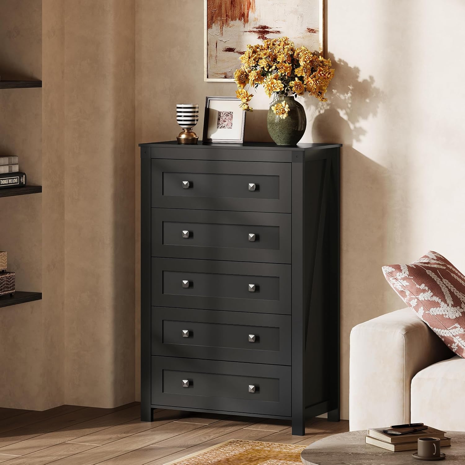 WLIVE Farmhouse 5 Drawer Dresser for Bedroom, Wood Dresser Storage Organizer, Tall Black Dressers