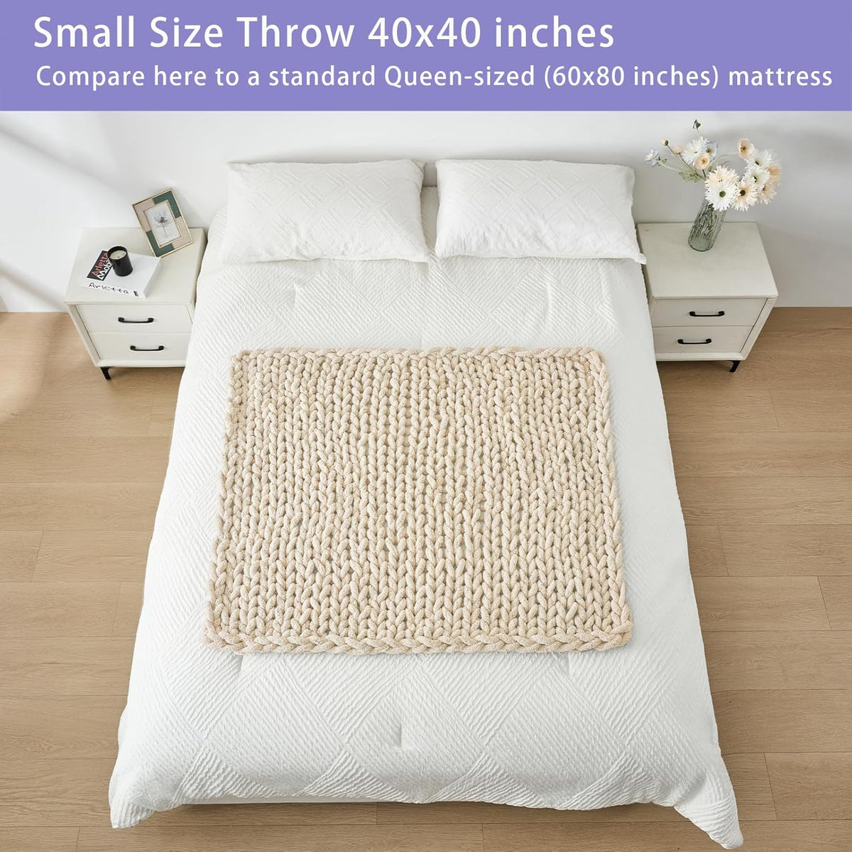 Bigacogo Chunky Knit Throw Blanket for Couch, 40x40 inches, 100% Hand Knitted with Thick Jumbo