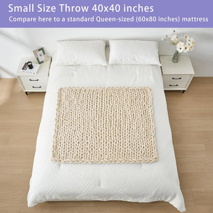 Bigacogo Chunky Knit Throw Blanket for Couch, 40x40 inches, 100% Hand Knitted with Thick Jumbo