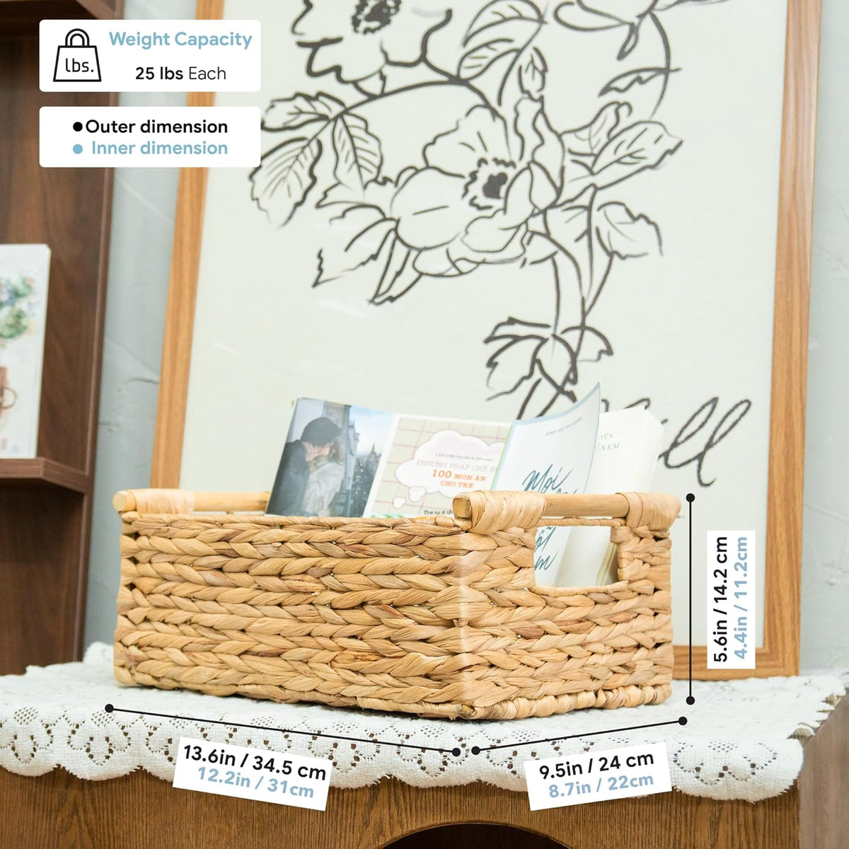 VATIMA Hyacinth Medium Wicker Basket 13.6x9.5x5.6" - With Handle, Living Room Decor, Rectangular