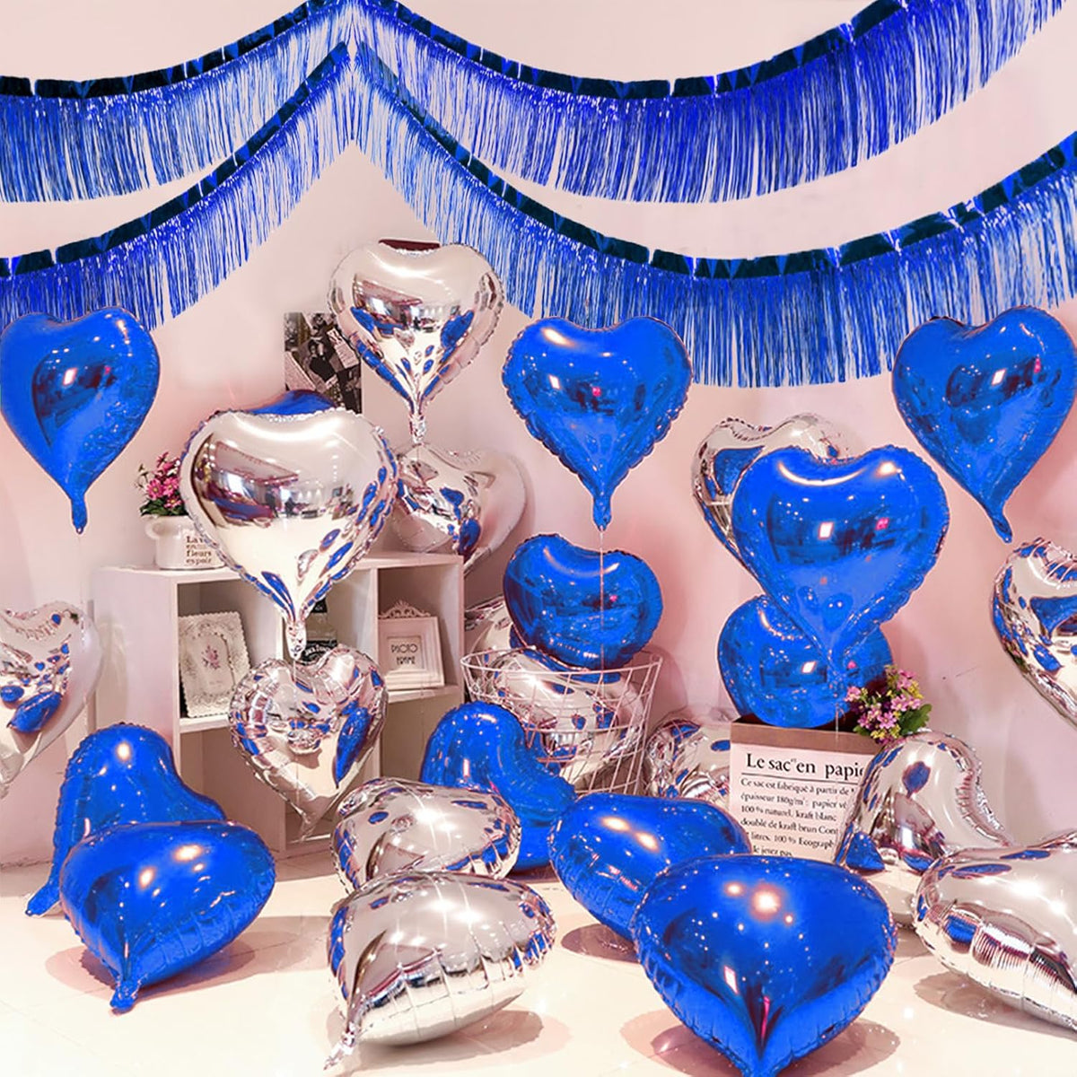 Blue Foil Fringe Garland 10FT 6packs, Metallic Foil Tinsel Fringe Banners for Parade Float