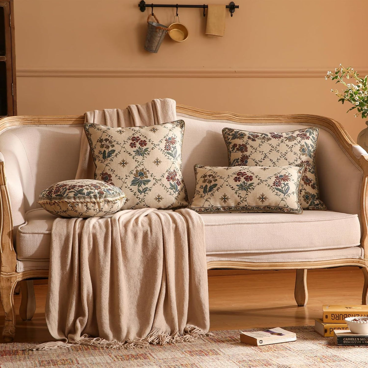 patdrea Designer Throw Pillow Covers Set of 4,Euro Vintage Light Brown Linen with Floral Collection