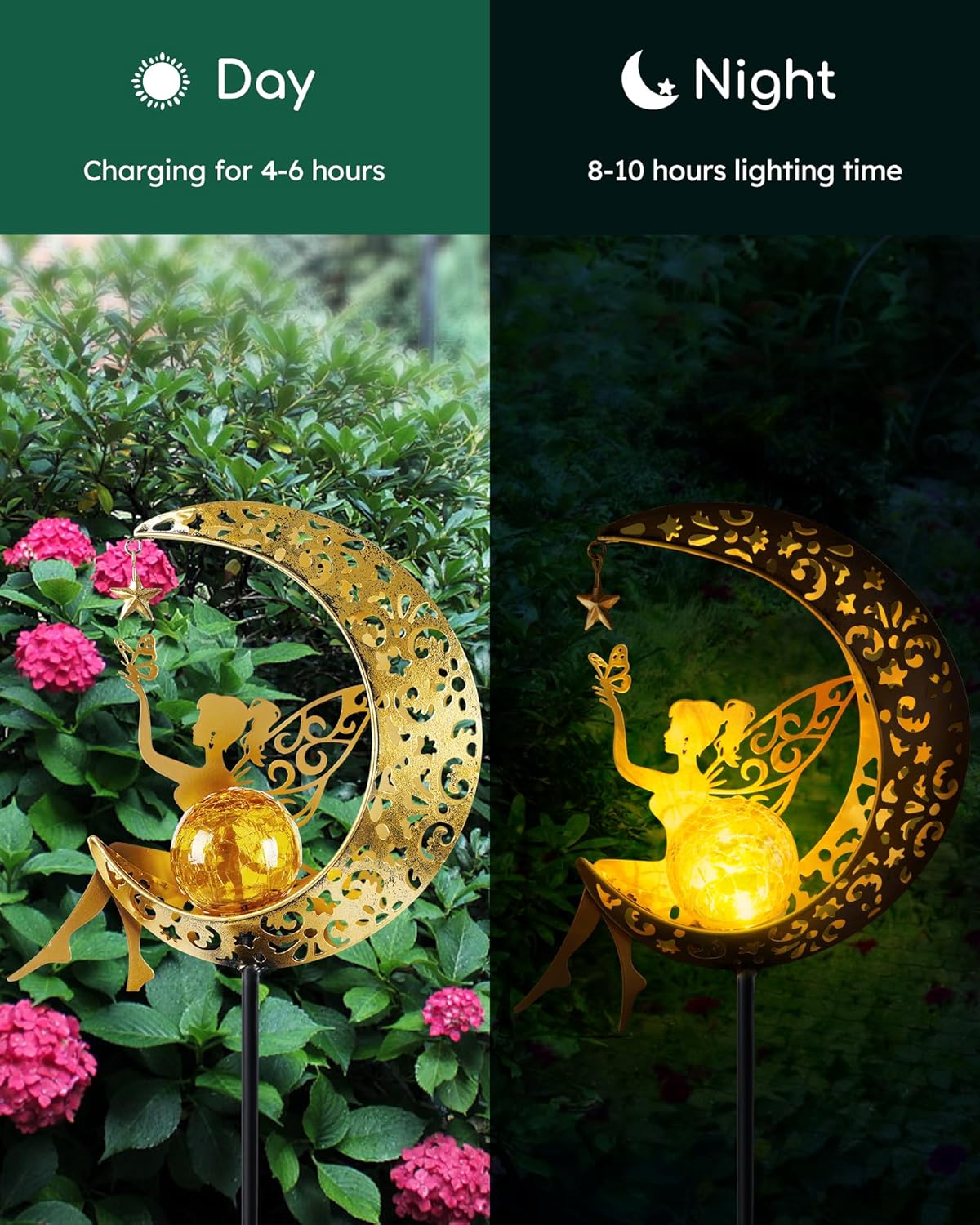 Solar Garden Statues Outdoor Decor, Fairy Moon Figurine Light Stake, Housewarming Ornament for