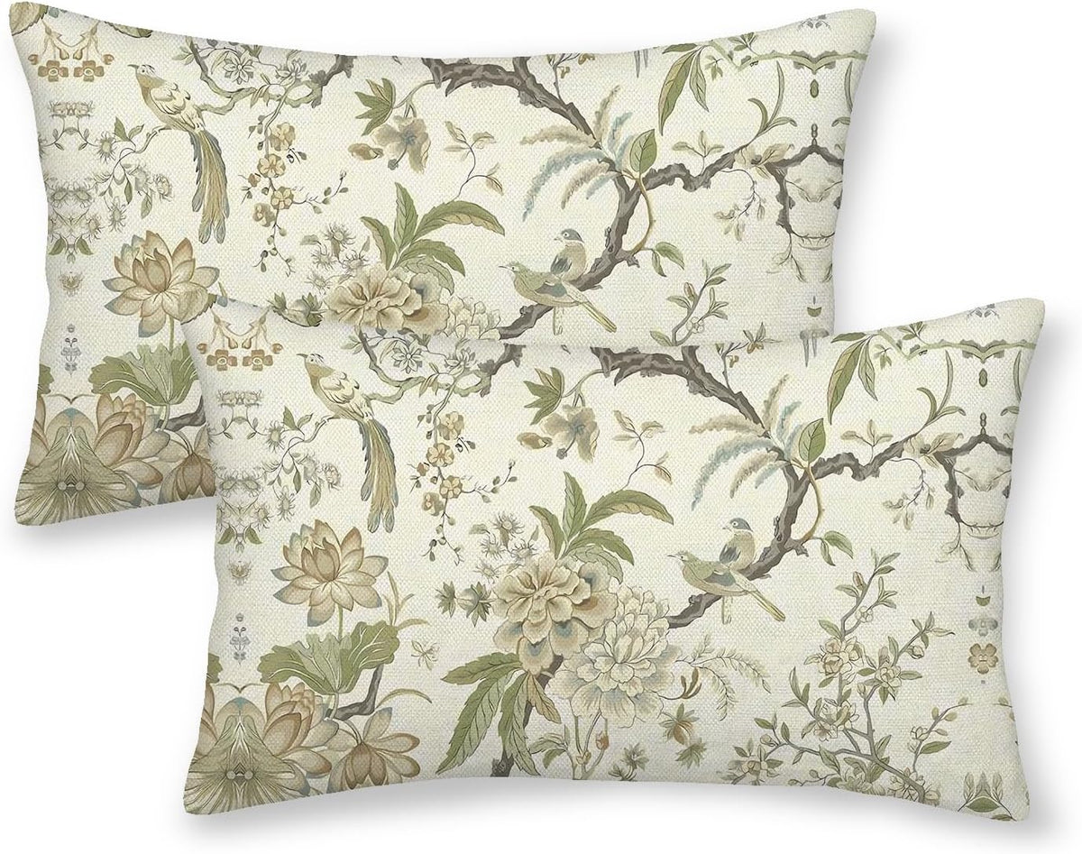 CXMEIFLY Spring Floral Birds Pillow Covers 12 x 20 Inch Set of 2 for Chinoiserie Flowers Decor
