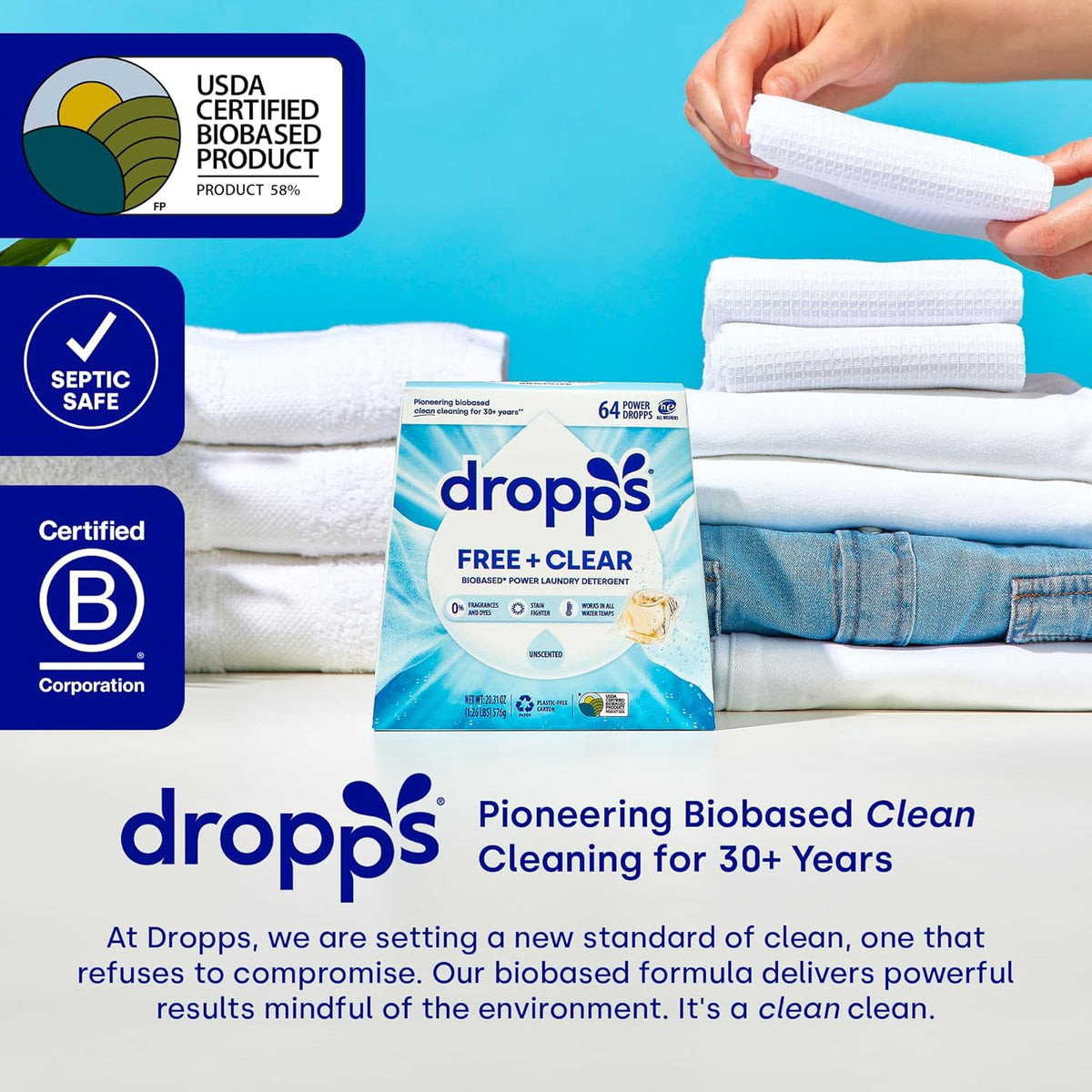 Dropps Free + Clear Biobased Power Laundry Detergent Pods, Unscented (64 Count) - HE Compatible