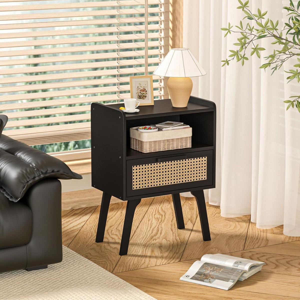 Lerliuo Rattan Nightstand, Bedside Table with Drawer Open Shelf, Cane Accent Side End Table with