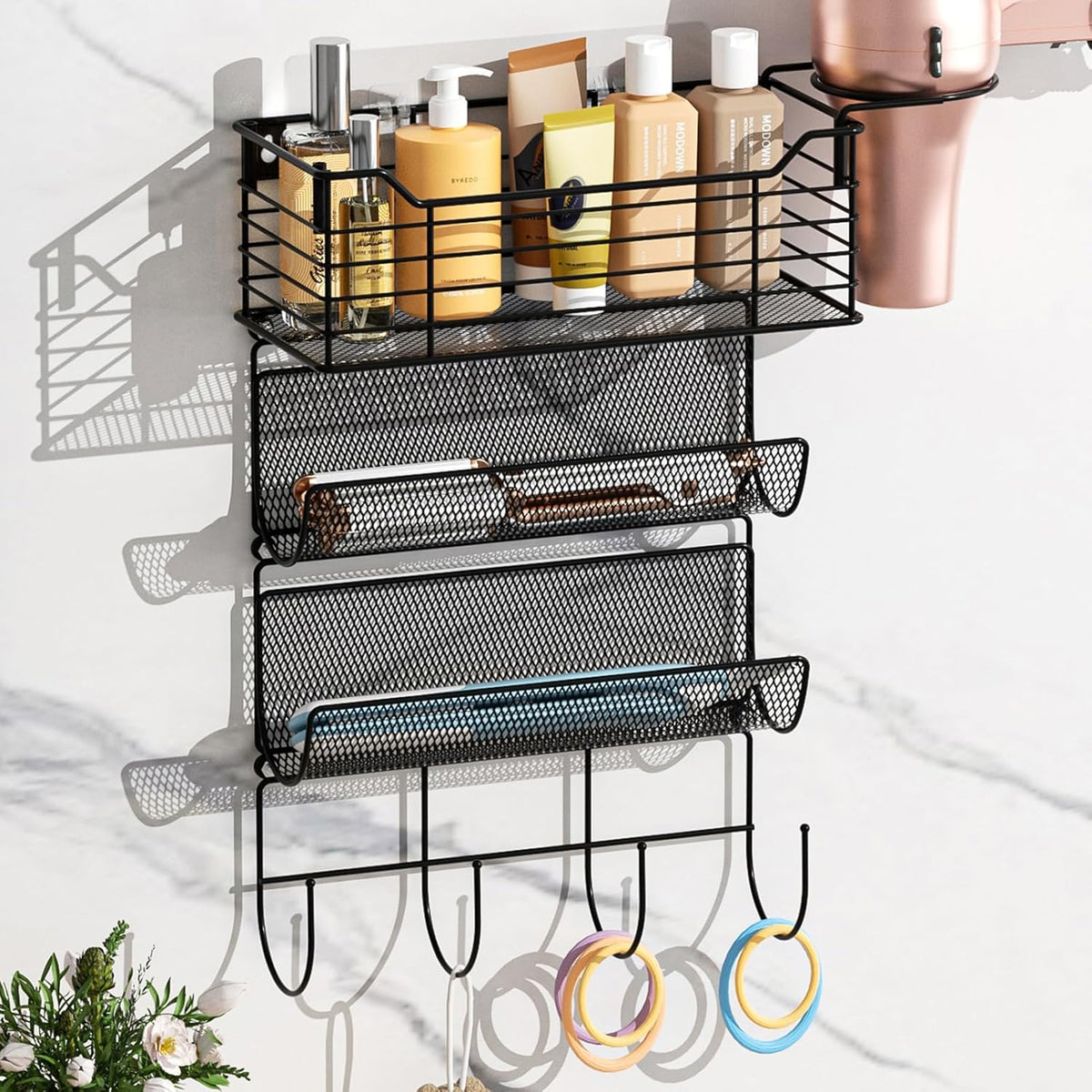 VITVITI Metal Hair Tool Organizer Wall Mount, Hair Dryer Holder with 3 Tier Shelf Basket Hooks