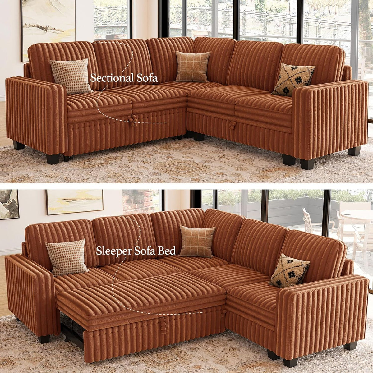 Belffin Plush Corduroy Modular Sectional Sofa with Pull Out Bed Convertible Small Sectional Corner