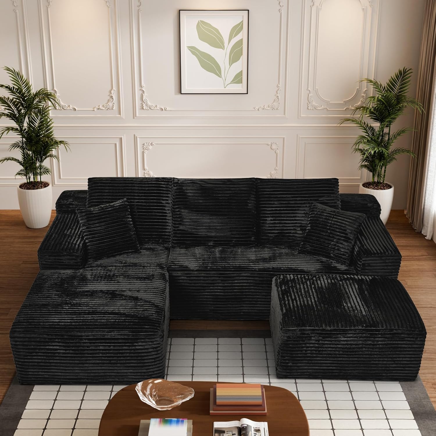 Modular Sectional Sofa Cloud Sectional Couch, 107" Comfy Fluffy U Shaped Black Couches for Living