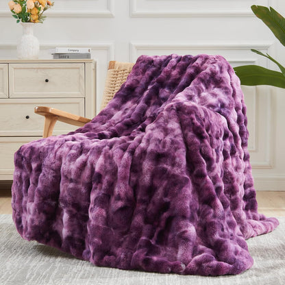 NEWCOSPLAY Faux Fur Throw Blanket Tie-dye Violet Purple Luxury Fluffy Thick Warm Bubble Blanket for