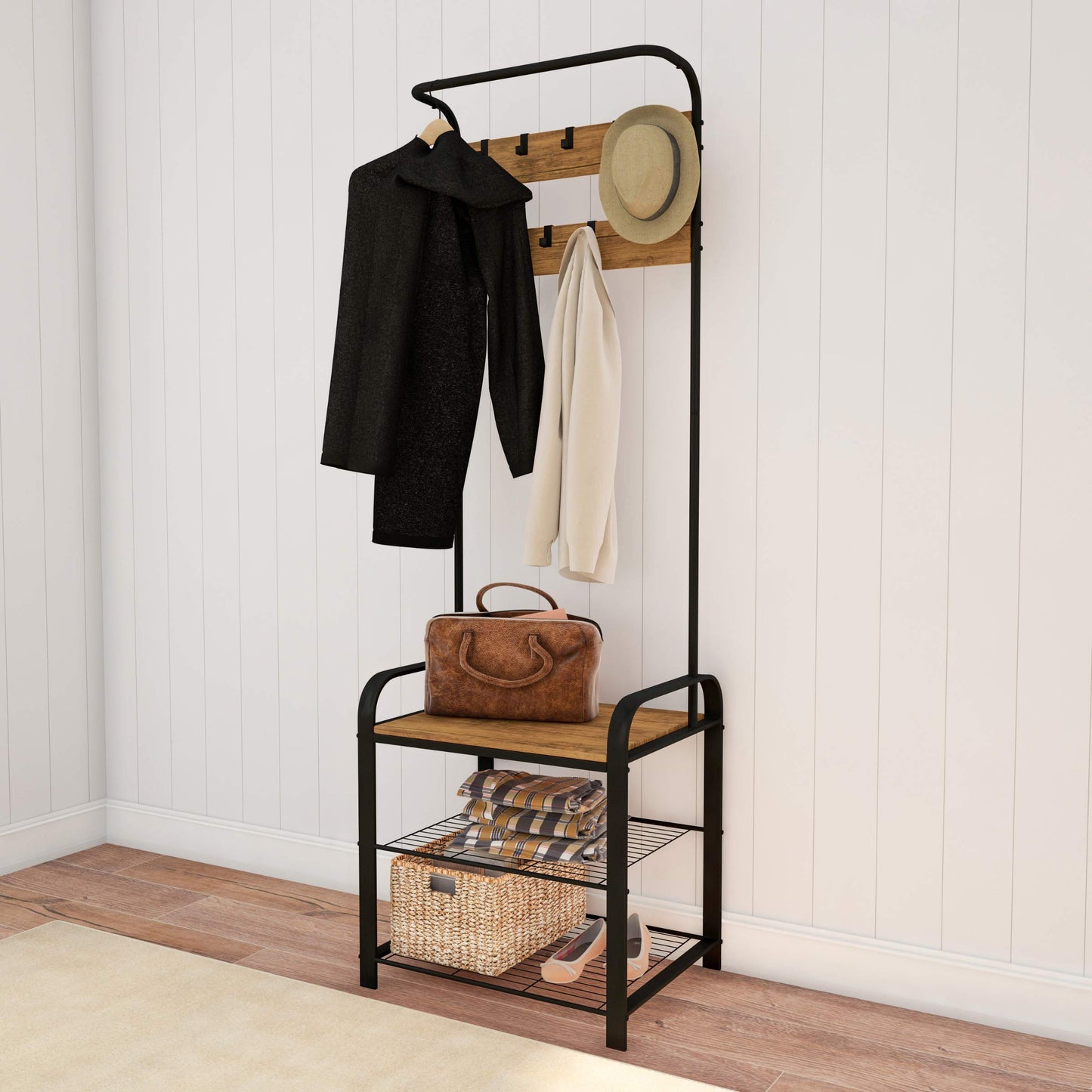 Lavish Home Entryway Bench with Coat Rack - Metal Hall Tree with Seat, Hooks, and Shoe Storage