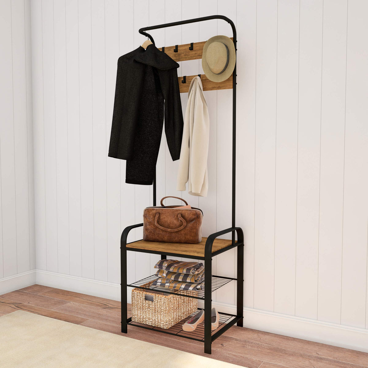 Lavish Home Entryway Bench with Coat Rack - Metal Hall Tree with Seat, Hooks, and Shoe Storage