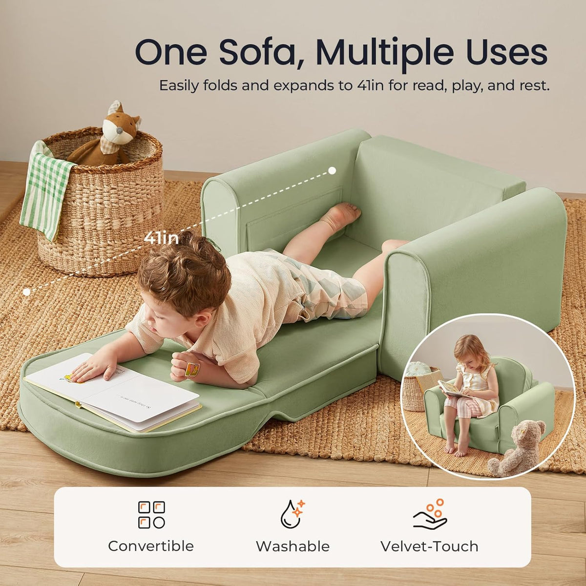 Tiny Land 2-in-1 Foldable Kids Couch with Pockets – Soft Thick Toddler Sofa, Lounger Couch