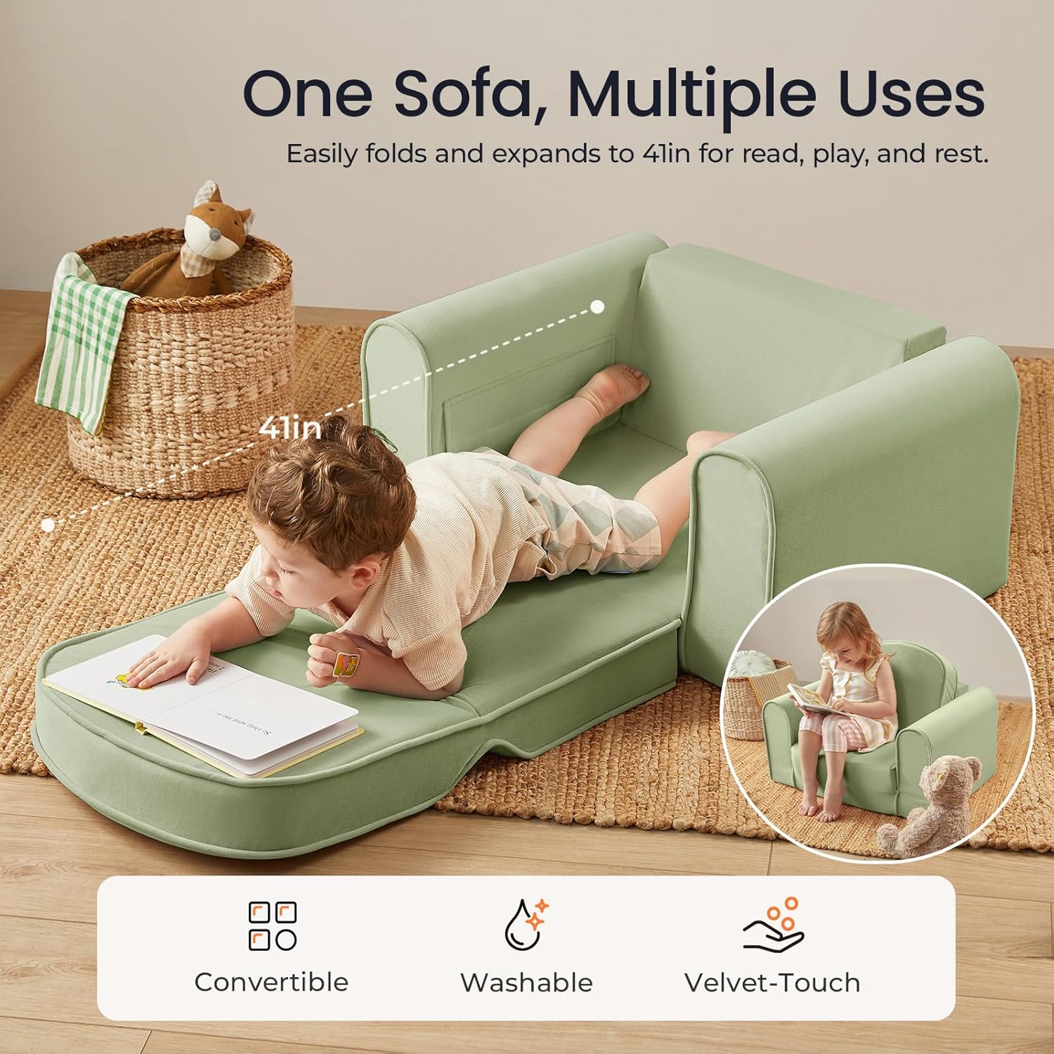 Tiny Land 2-in-1 Foldable Kids Couch with Pockets – Soft Thick Toddler Sofa, Lounger Couch