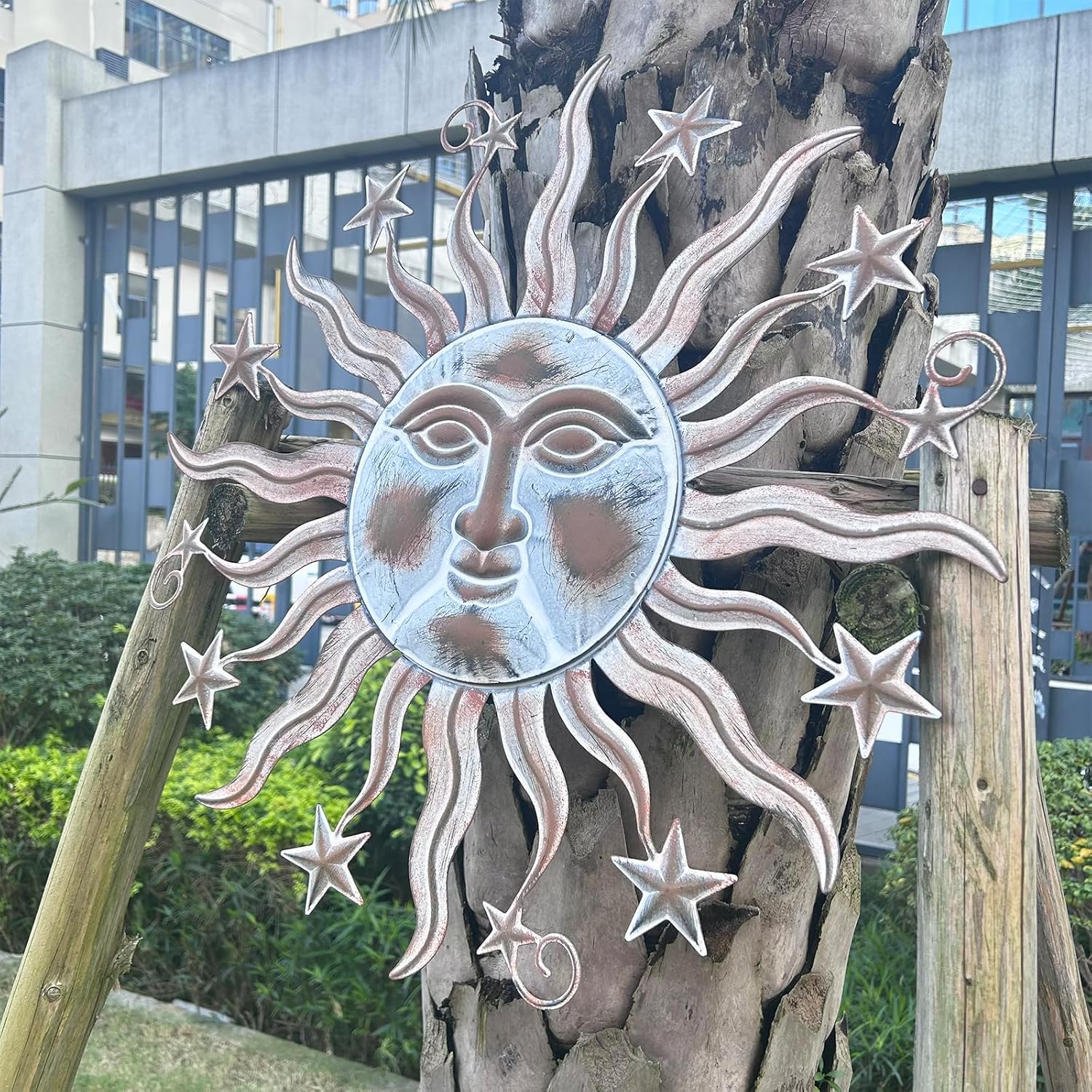 TICKCACY Metal Sun Wall Art Sculpture Decor, 23.8” Vintage Sun and Star Wall Hanging Decoration for