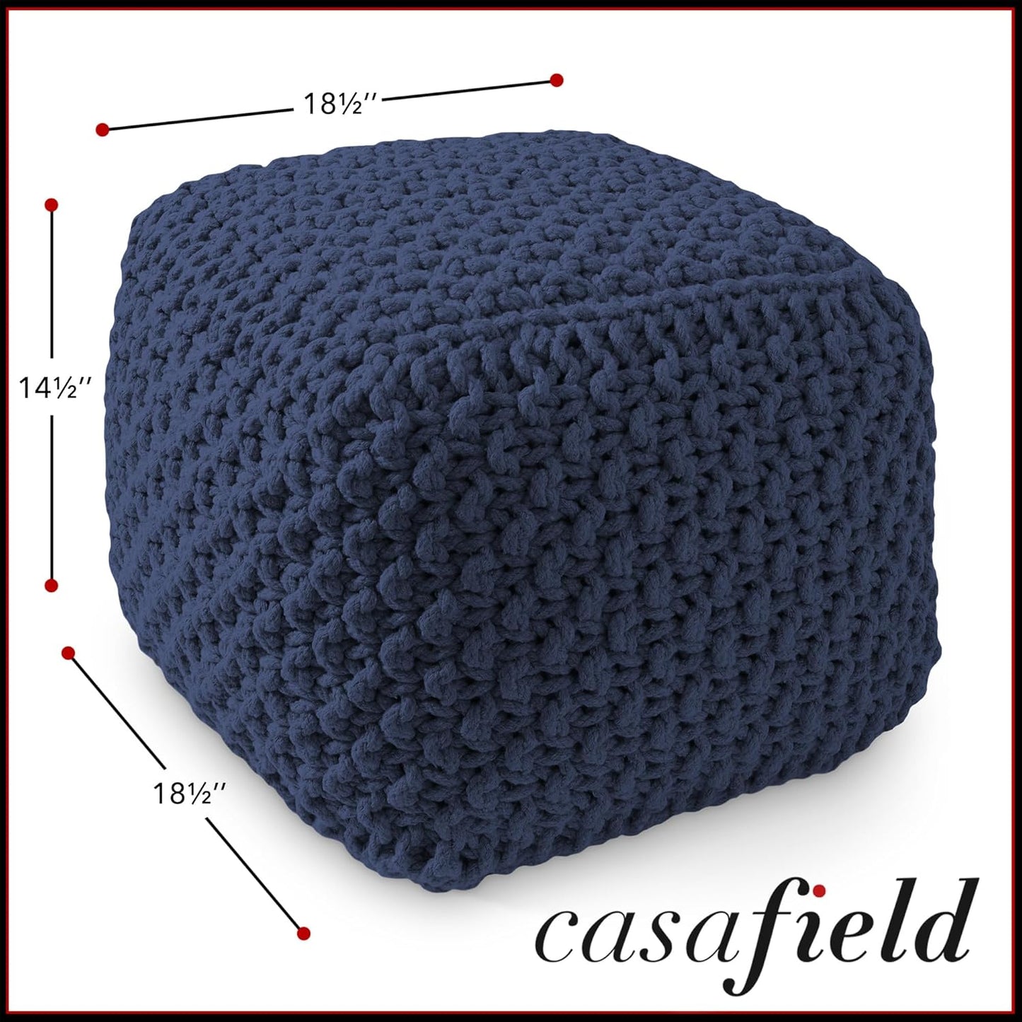Casafield Square Pouf Ottoman, Navy Blue 18.5" W x 18.5" D x 14.5" H Cotton Knit Foot Stool - Boho
