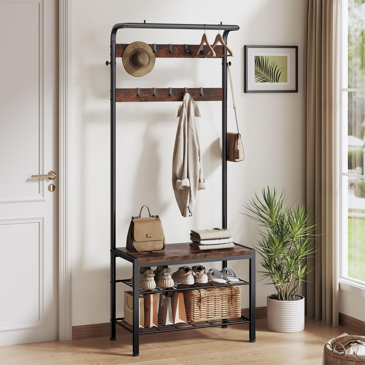 NEWBULIG Coat Rack, Hall Tree with Shoe Bench, 4-in-1 Entryway Organizer with 10 Hooks and Storage