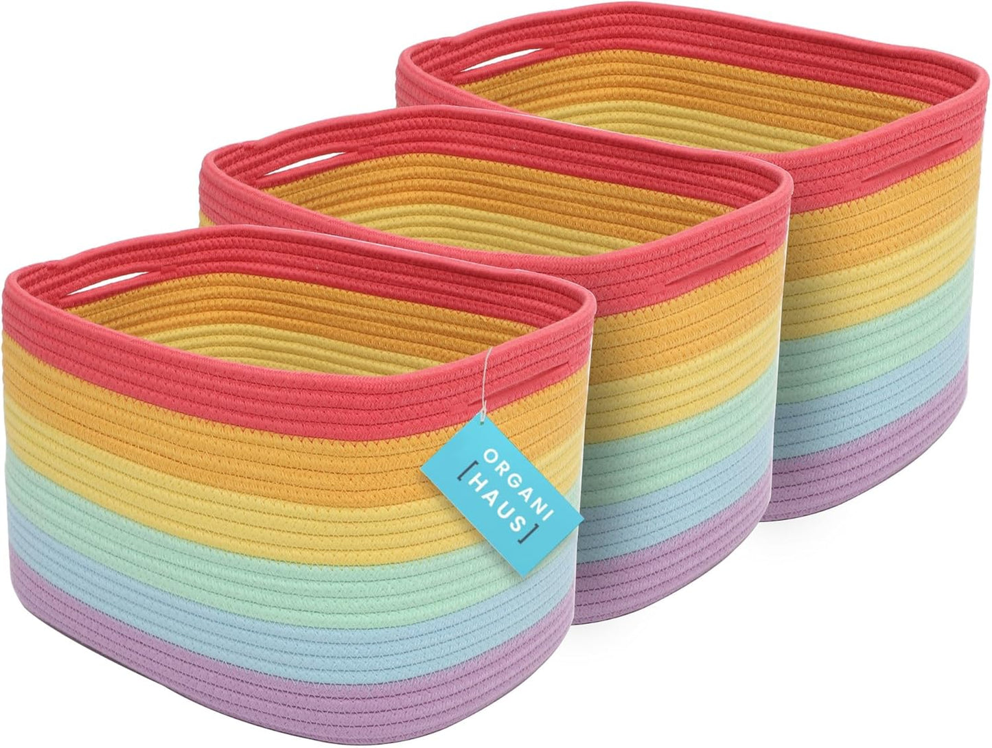 OrganiHaus Set of 3 Rainbow Woven Storage Baskets for Organizing, Cotton Rope Organizer Bins for