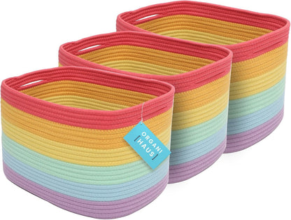 OrganiHaus Set of 3 Rainbow Woven Storage Baskets for Organizing, Cotton Rope Organizer Bins for